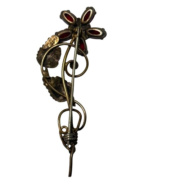 Vintage I Michelson Gold Filled Red Glass Flower Brooch Pin - Picture 4 of 6